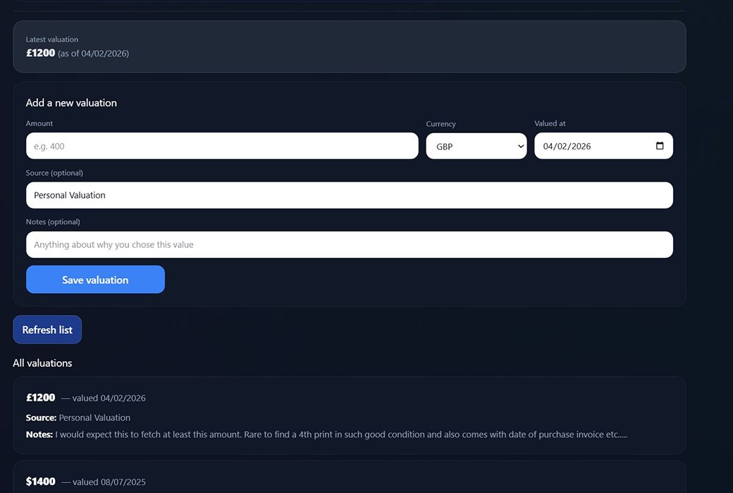 Valuation history example